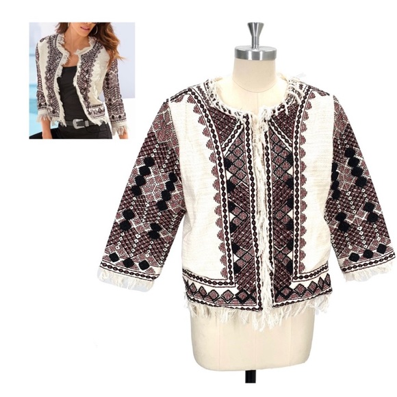 Boston Proper Beaded Fringe Open Front Aztec Blazer Jacket Size 16 Earthy Boho - Picture 2 of 14